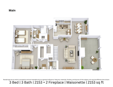 Floor plan for 3 beds, 3 baths, 2153 sqft